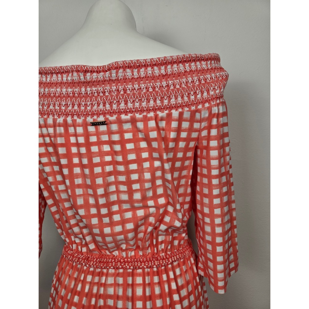 Cabana Life Off Shoulder Smocked Gingham Maxi Dress Coral White Size M - Picture 5 of 8